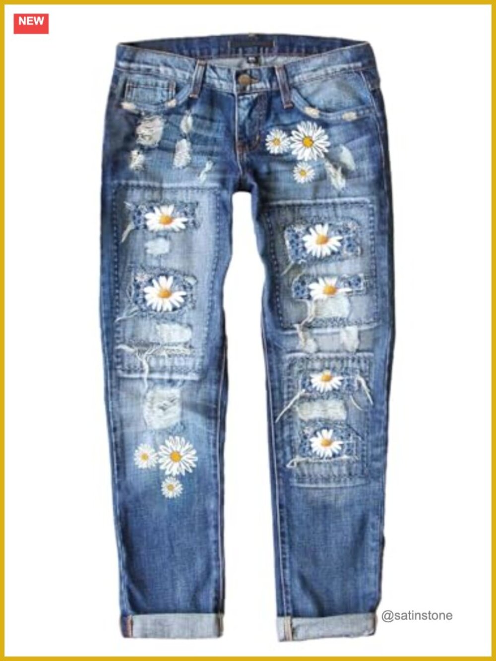 Ripped Boyfriend Jeans Distressed Patchwork Denim Pants Mid-Rise Bootcut